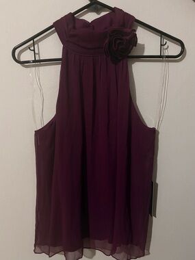 Moa Moa Sleeveless Chiffon Halter Top with Flower Accent Deep Plum Size L - New
